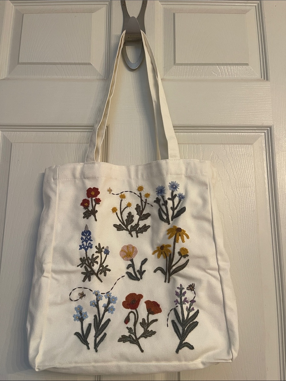 Embroidered Wildflower Canvas Tote Bag - White